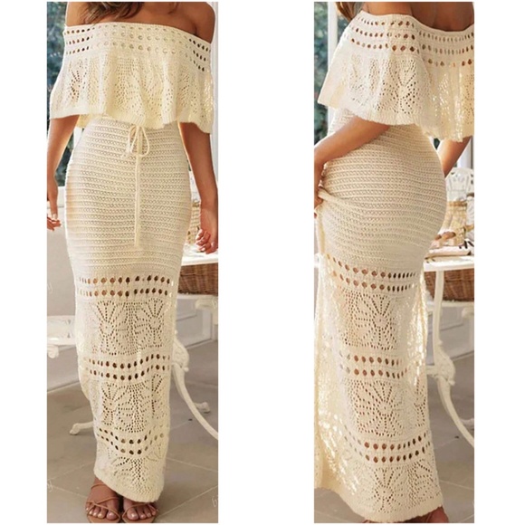 Dresses & Skirts - Boho Floral Crochet Off Shoulder High Waisted Maxi dress